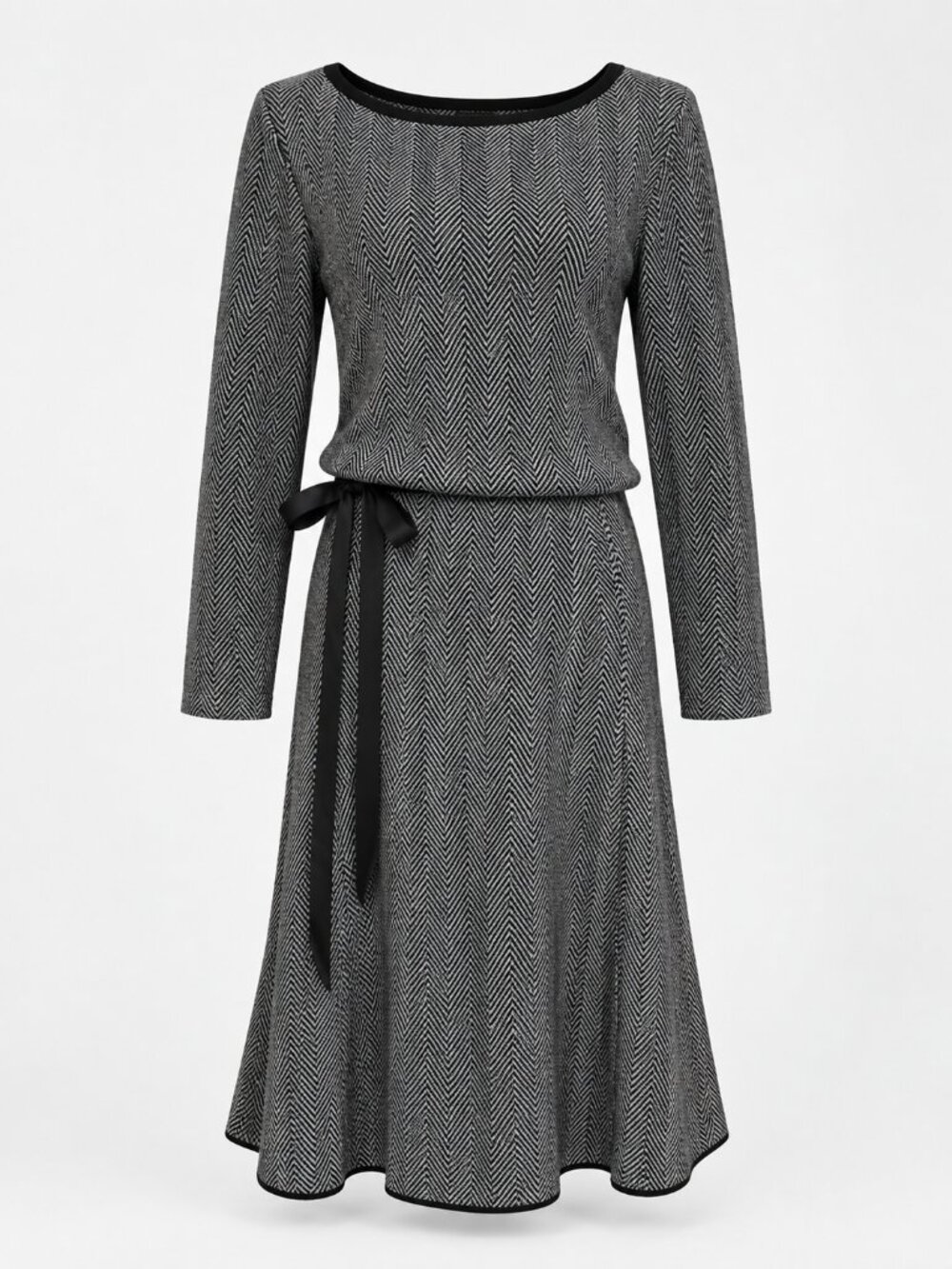 Vintage Black Gray Herringbone Knit Midi Office Work Dress Balletcore Ribbon M